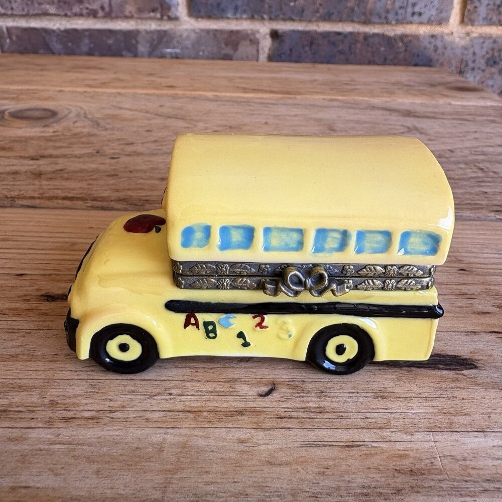 Vintage School Bus Porcelain Hinged Trinket Box Yellow Black by Herco